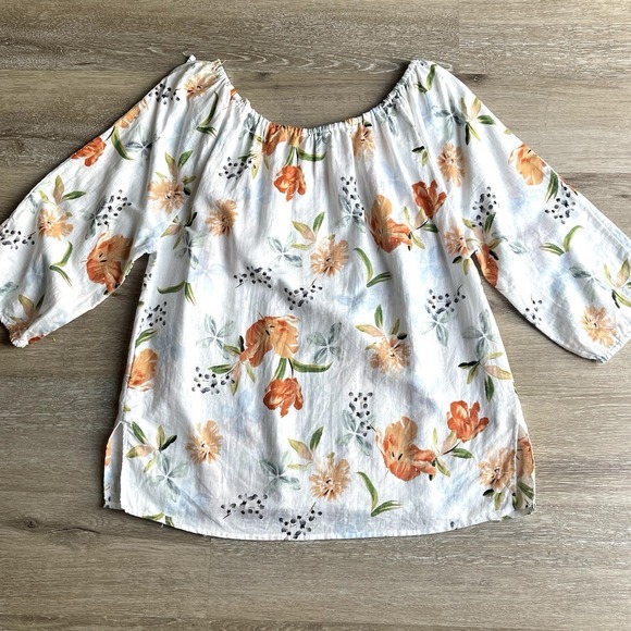 Hester & Orchard Floral Linen Blouse Womens Large Bow Collar Peasant Lightweight - Picture 8 of 8